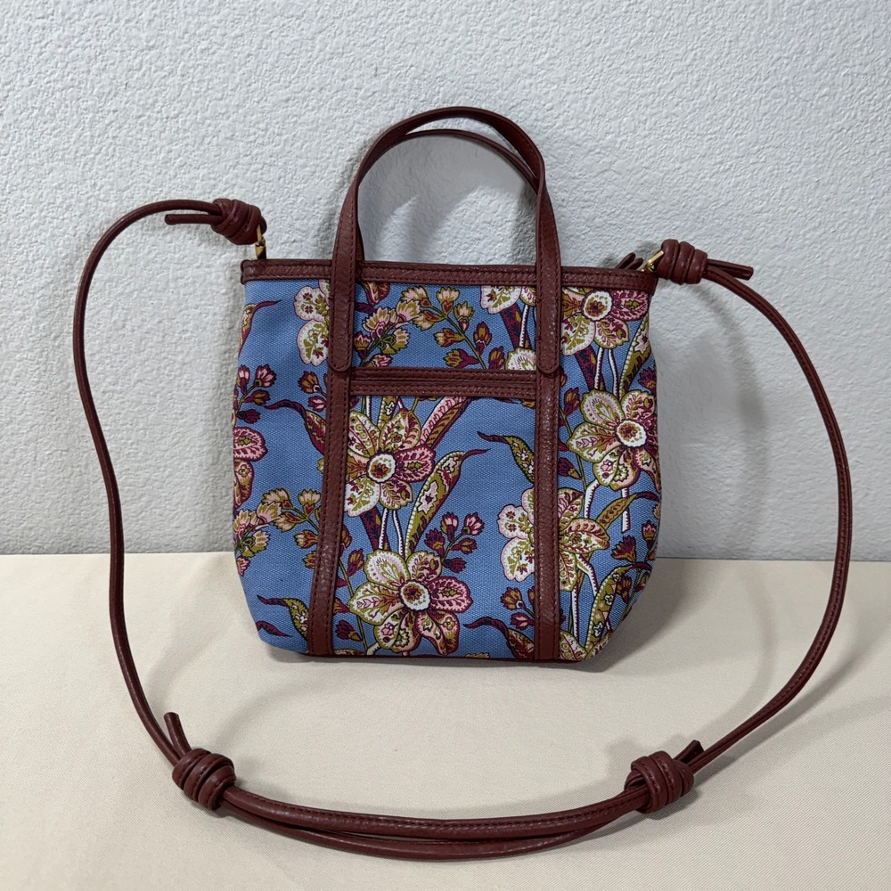 Vera Bradley Begonia Fields Oxford Canvas Small Crossbody Tote Bag Leather Trim